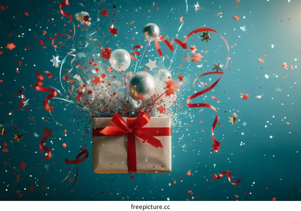 A gift box with a red ribbon surrounded by red and silver balloons and confetti