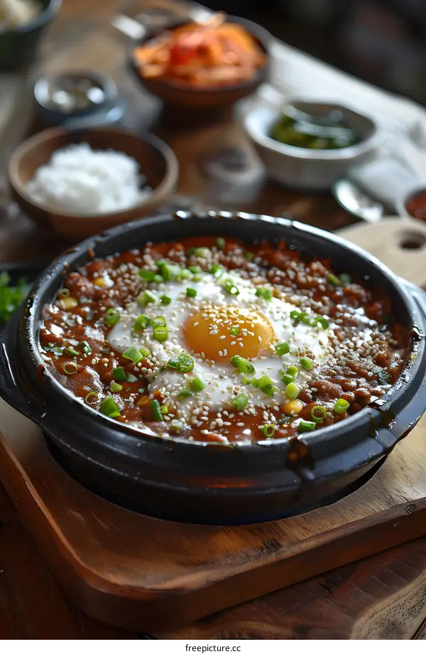 Korean spicy pork and egg rice in a hot stone bowl