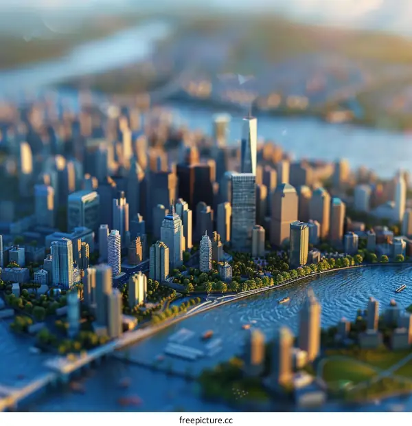 Small City Model with River and Trees