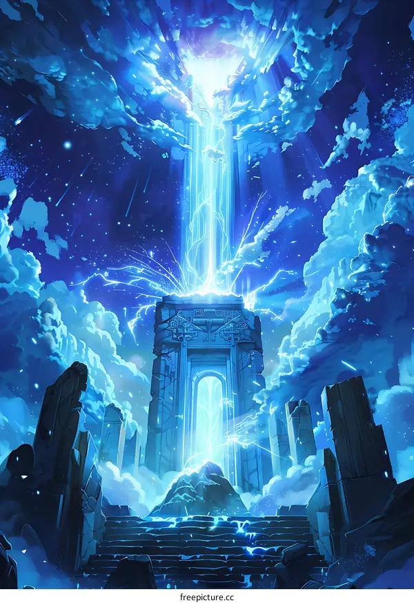 Blue Sky with an Ancient Stone Structure and a Bright Beam of Light