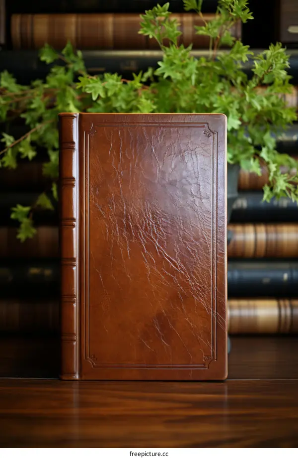 A leather-bound book sits on a wooden table in a library.