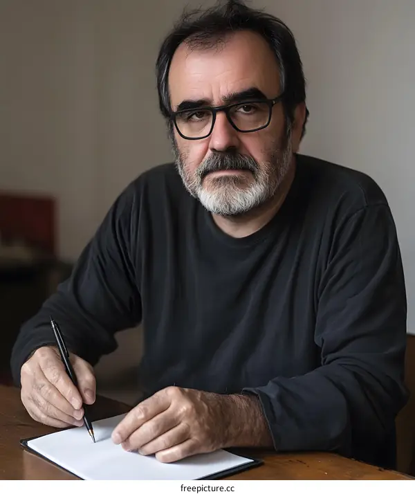 Mature Man Writing in a Notebook with a Pen