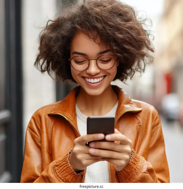 Smiling Woman Using Smartphone Outdoors