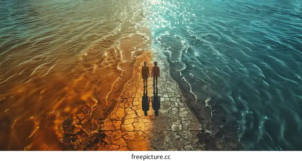 Two People Walking on a Crack in the Ocean