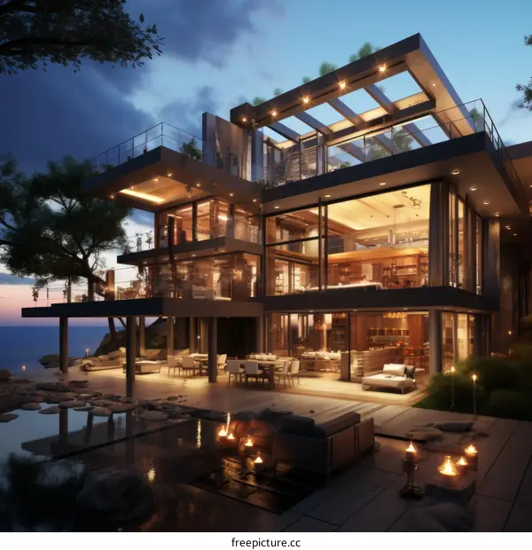 Modern Luxury House with Pool and Sea View in Dusk