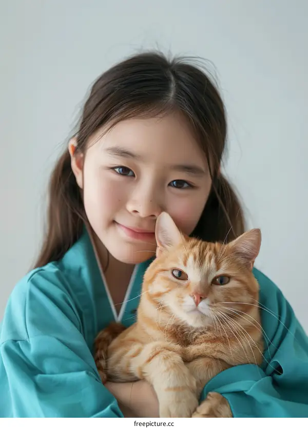 Little Asian girl hugging an orange cat