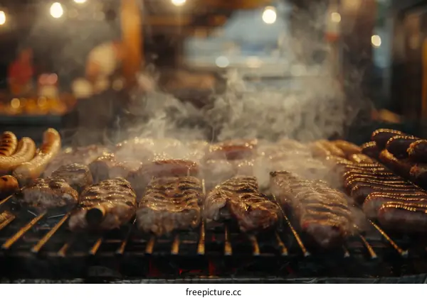 A variety of meats and sausages are being grilled on a barbecue.