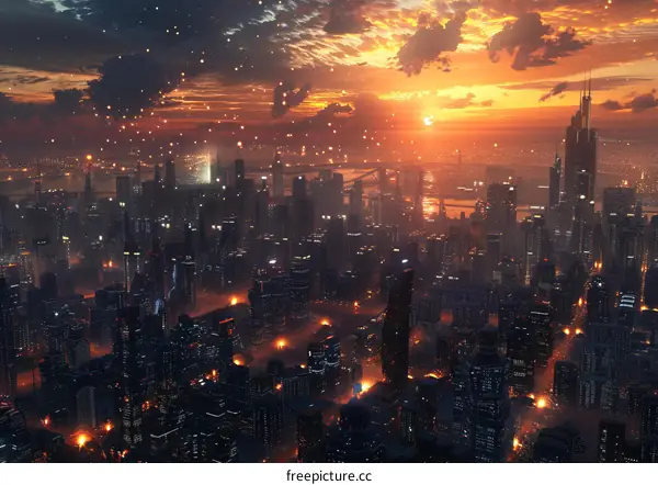 Futuristic City Sunset Skyline Art