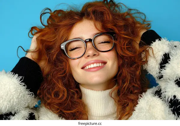 Smiling Woman with Curly Hair and Glasses