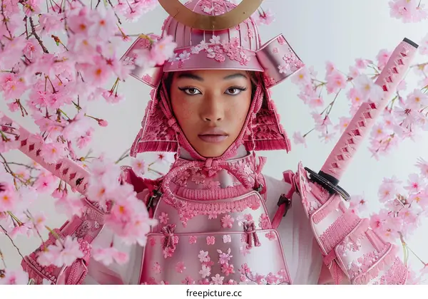 Black woman wearing a pink samurai armor with cherry blossoms