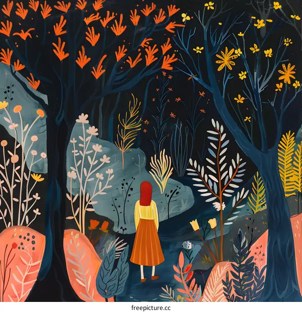 Woman Walking in a Forest Illustration