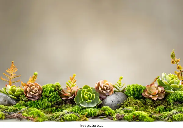 Succulents and Moss with a Neutral Background