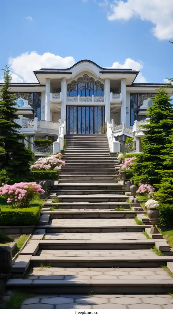A large white mansion with a grand staircase leading up to the front door