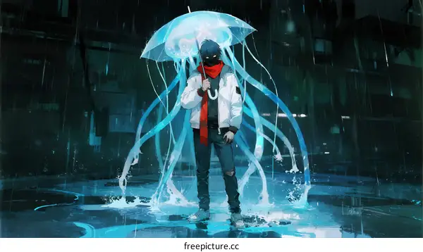 Man standing under glowing jellyfish umbrella in rainy urban night