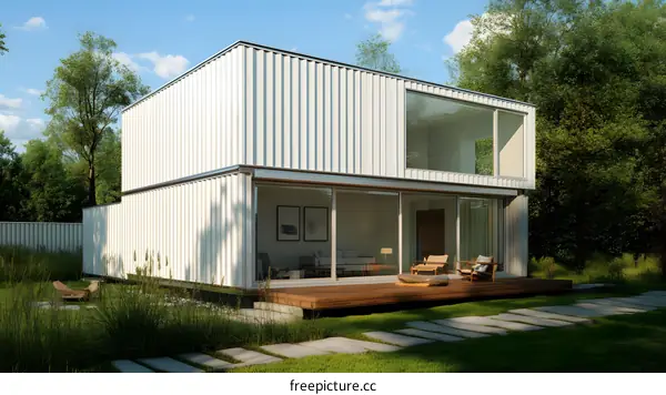 Modern White House With Sliding Glass Doors And A Wooden Deck