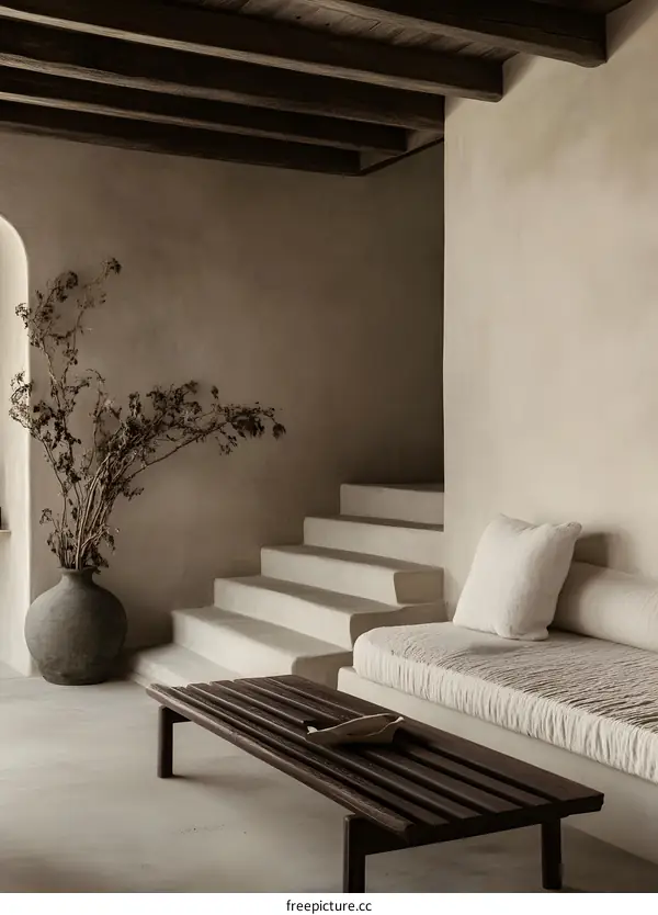 Minimalist Interior Design with Wooden Beams and a Concrete Staircase