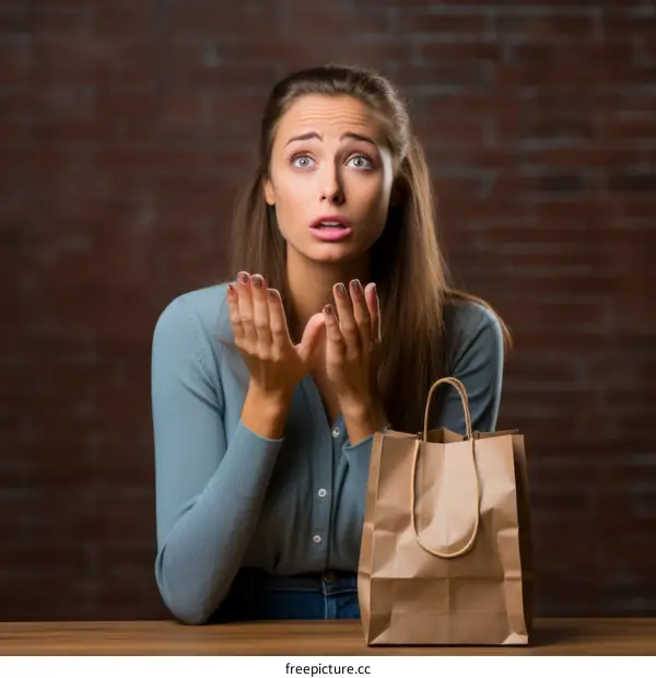 A young woman is sitting at a table, looking at a paper bag with a surprised expression on her face.