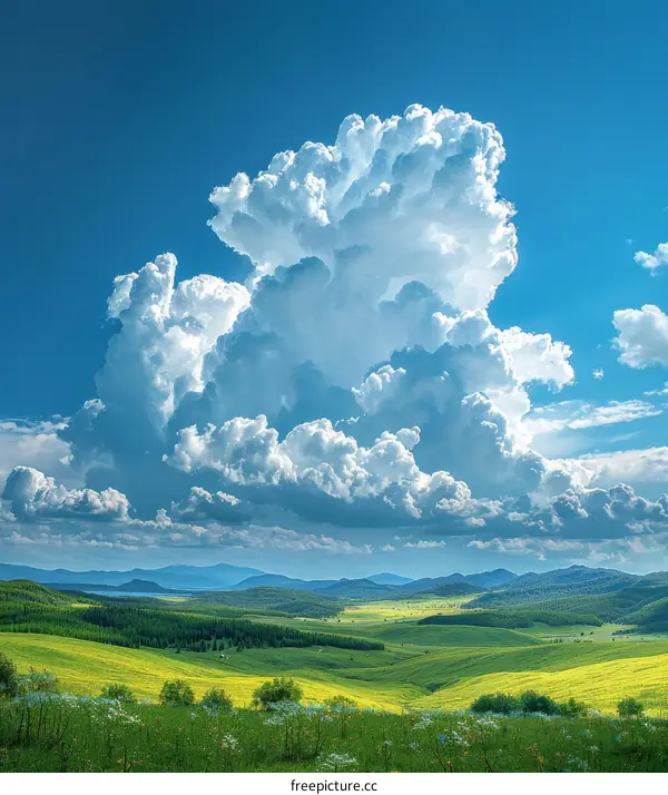 Spectacular White Cloudscape over Verdant Fields and Lofty Mountains