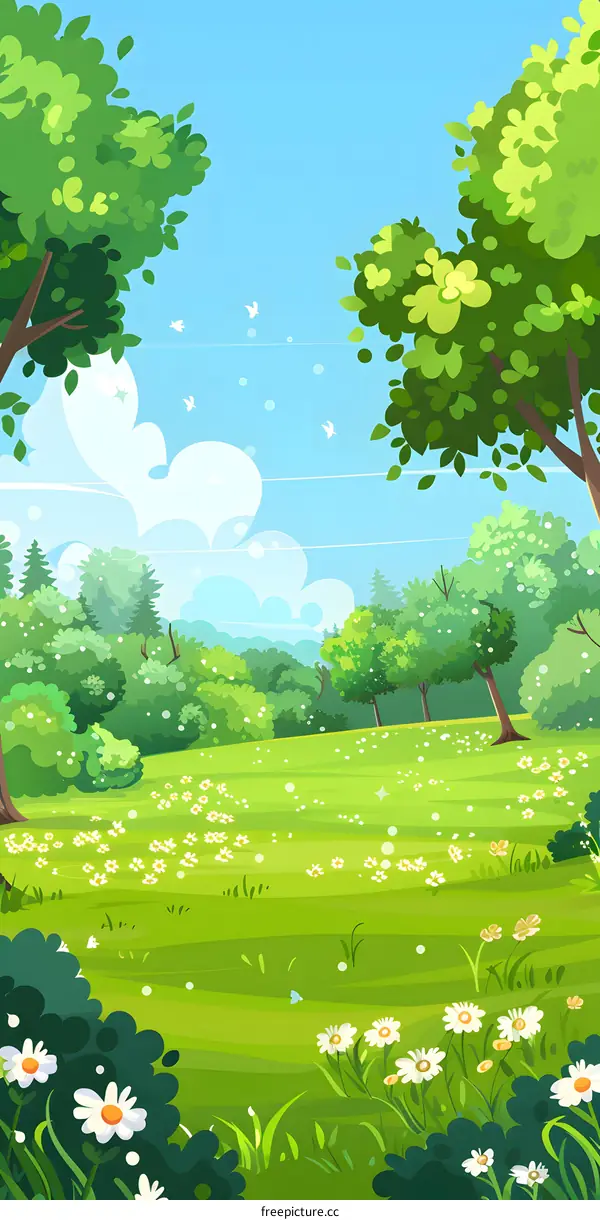 Green Meadow Landscape with Trees and Flowers