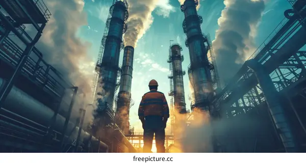 Oil and gas industry worker standing in front of an oil refinery