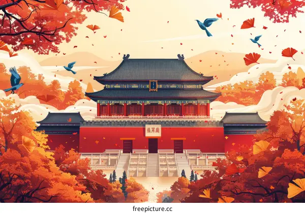 Illustration of the Forbidden City in autumn