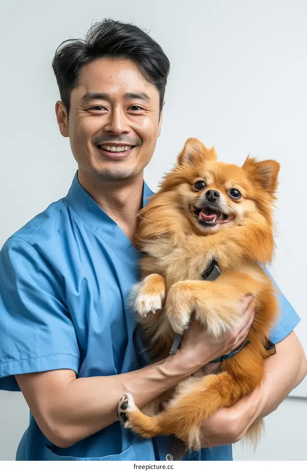 Asian male veterinarian holding a Pomeranian dog