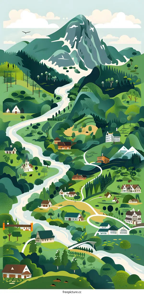 Mountain River Valley Landscape Illustration