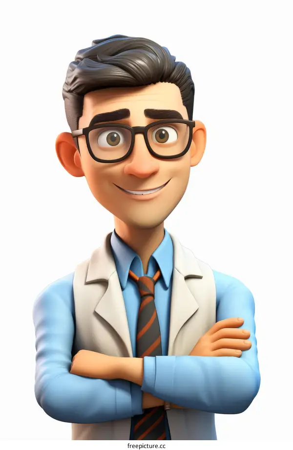 A 3D illustration of a male doctor wearing glasses, a tie, and a lab coat