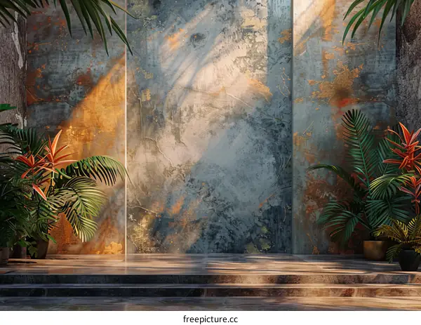 Tropical Interior Scene with Textured Wall