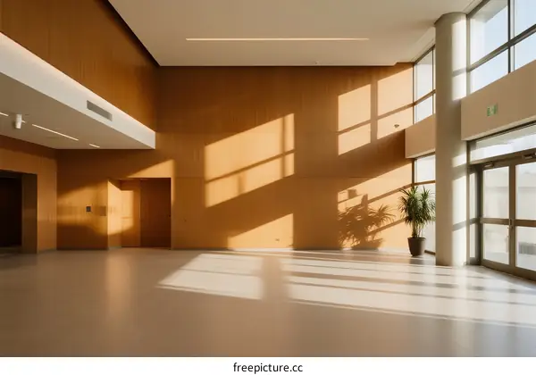 Modern bright interior space with wooden walls and large windows