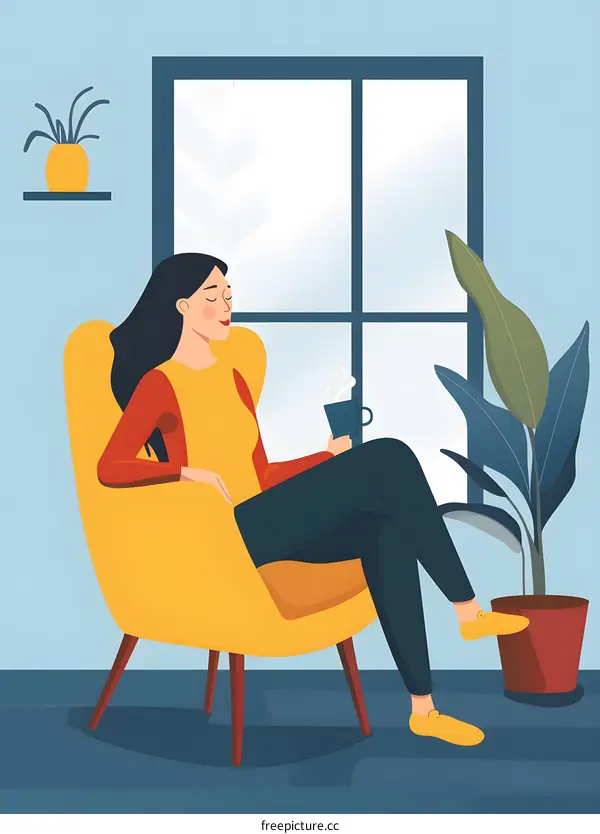 Woman Sitting in Chair with Cup of Coffee and Enjoying the View Outside the Window