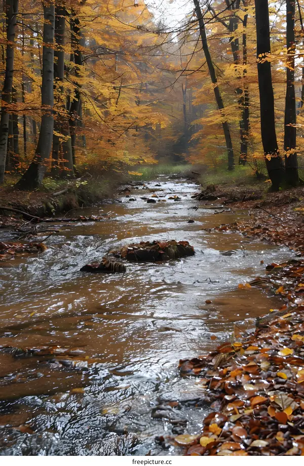 Autumn Stream Flowing Through Forest