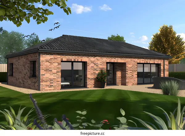 Modern Brick House with Large Windows and Green Grass