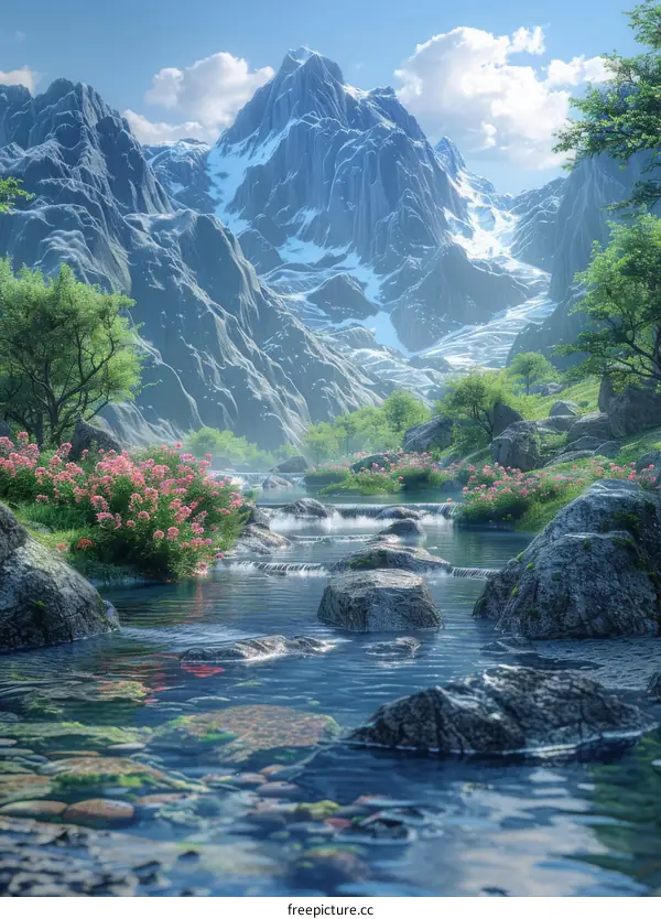 Snow-Capped Mountain Landscape with River and Wildflowers