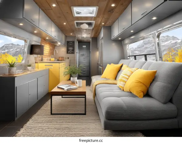 Modern Tiny Home Interior with Mountain View