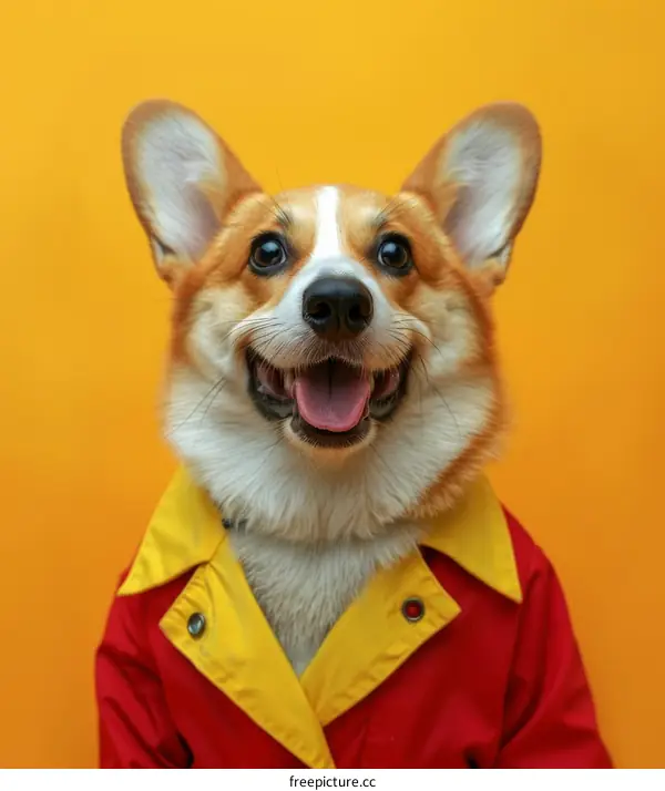 A happy corgi dog wearing a red raincoat