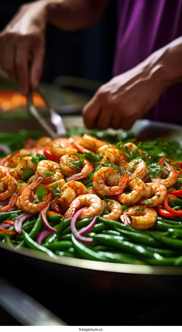 A chef is cooking a delicious dish of shrimp and vegetables