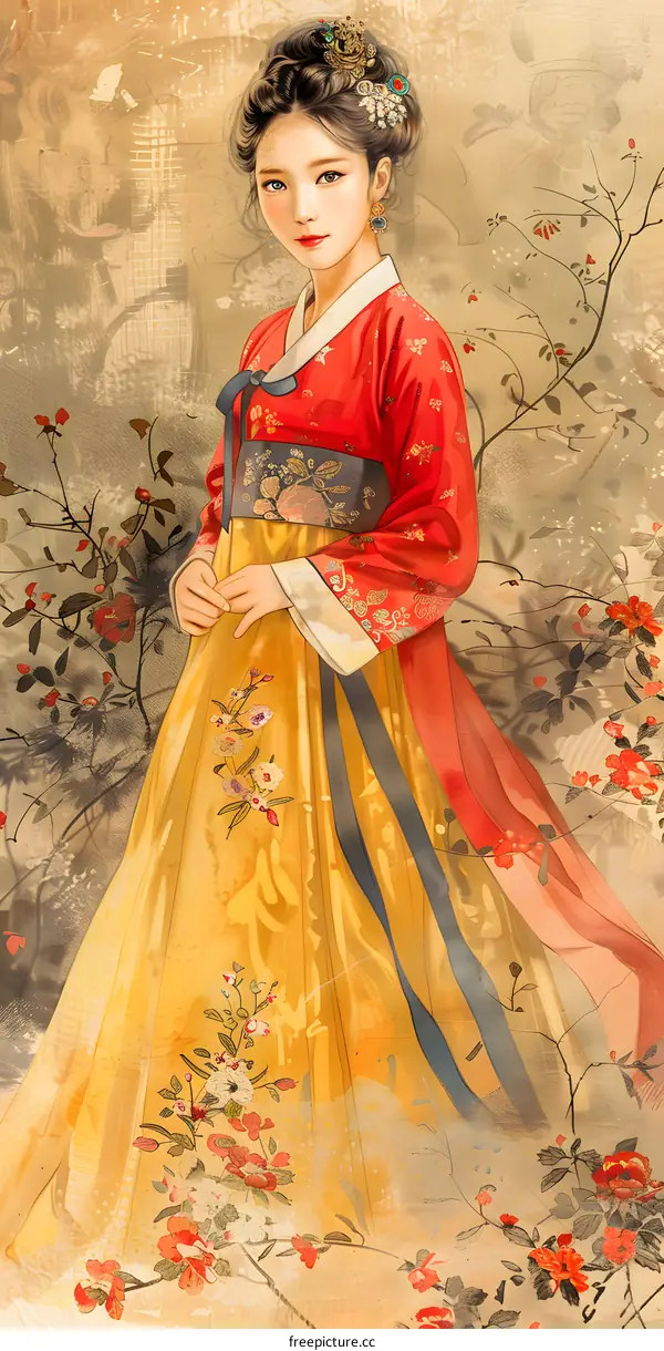 Elegant Asian Woman in Traditional Hanbok Dress with Flowers