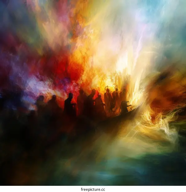 People in a boat on a rough sea with a large wave about to crash over them