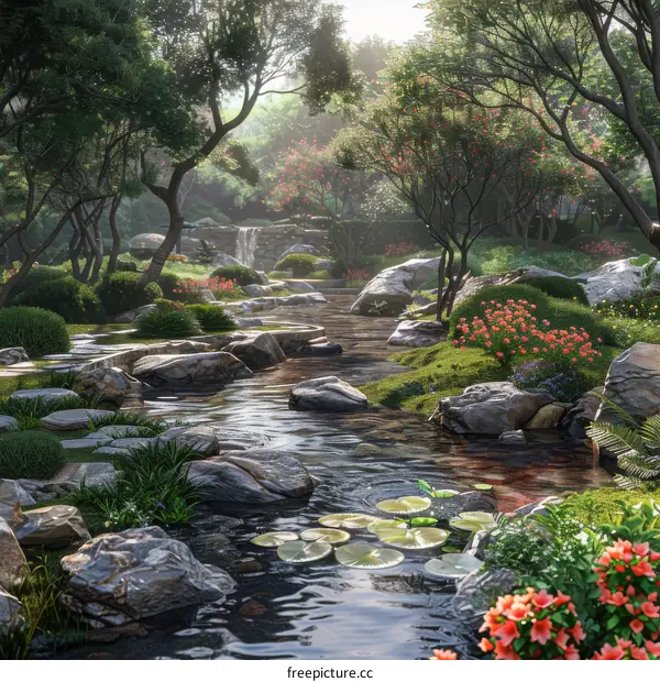 Serene Japanese Garden Scene Illustration