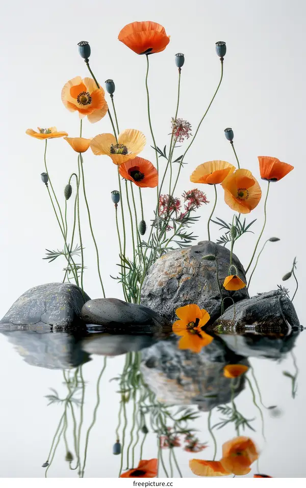 Orange Poppy Reflection in Water with Gray Rocks