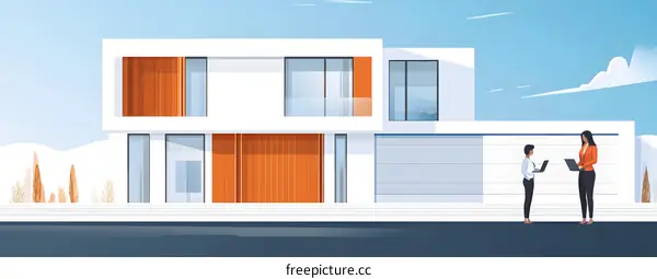 Two Businesswomen Discuss  Modern Architecture Design In Front Of A  Luxurious Home