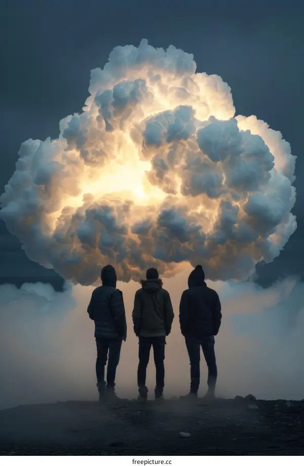 Three People Gazing at a Glowing Cloud