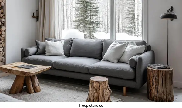 Cozy Living Room with Gray Sofa and Wooden Accents