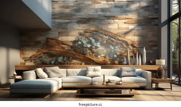 An Artistic Wooden Wall Sculpture in a Modern Living Room