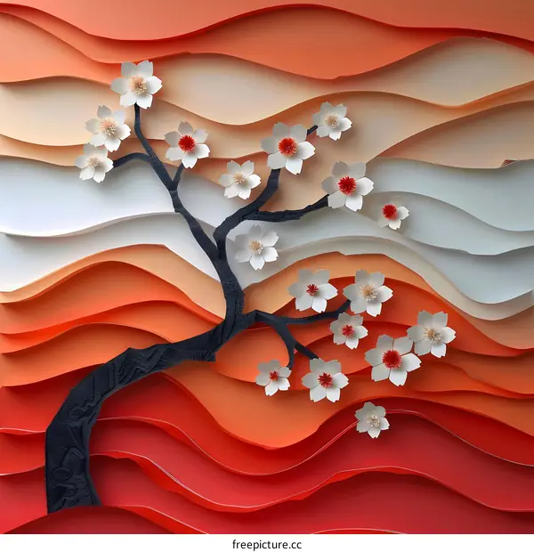 Sakura flowers on red and white background