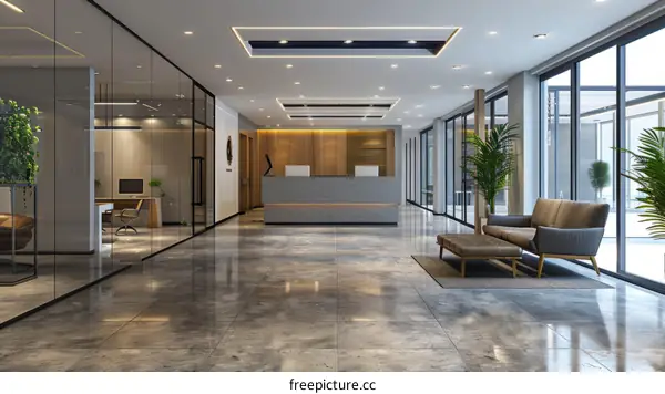 Modern office interior with reception desk and waiting area