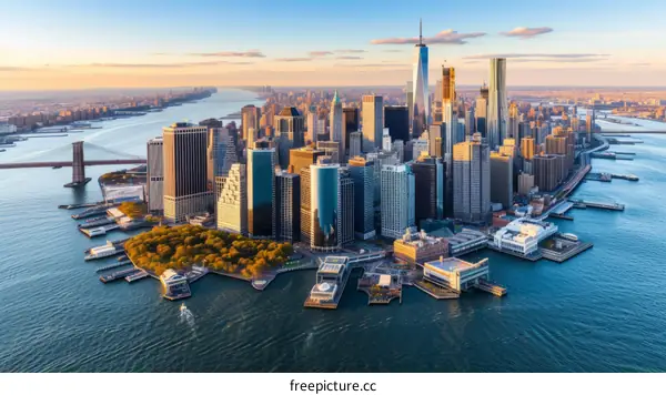 New York City skyline with skyscrapers and bridges at sunset