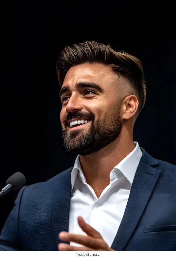 Smiling Businessman in a Suit Speaking at a Conference