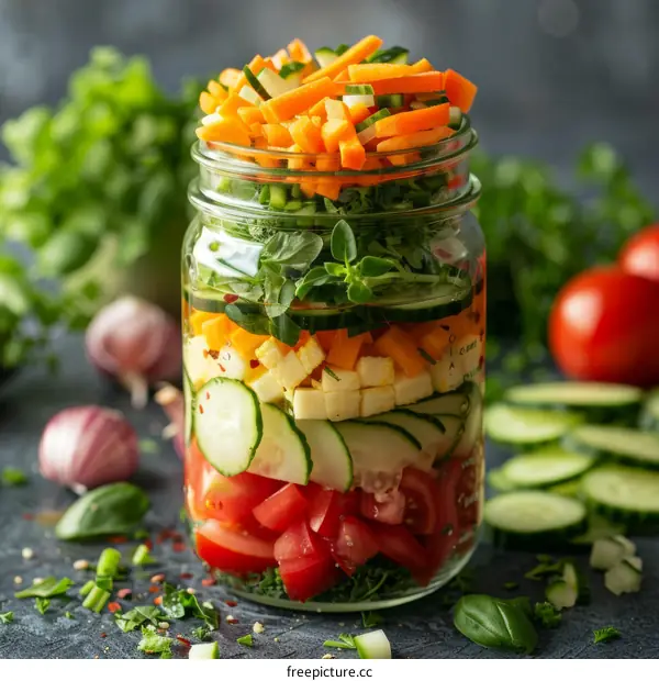 Colorful salad in a jar with various fresh vegetables